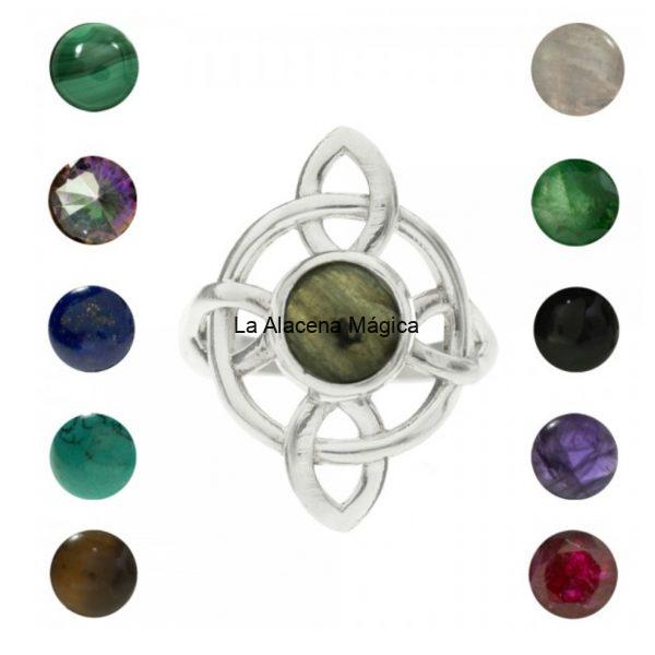 Anillo Nudo de la bruja plata, elige tu mineral